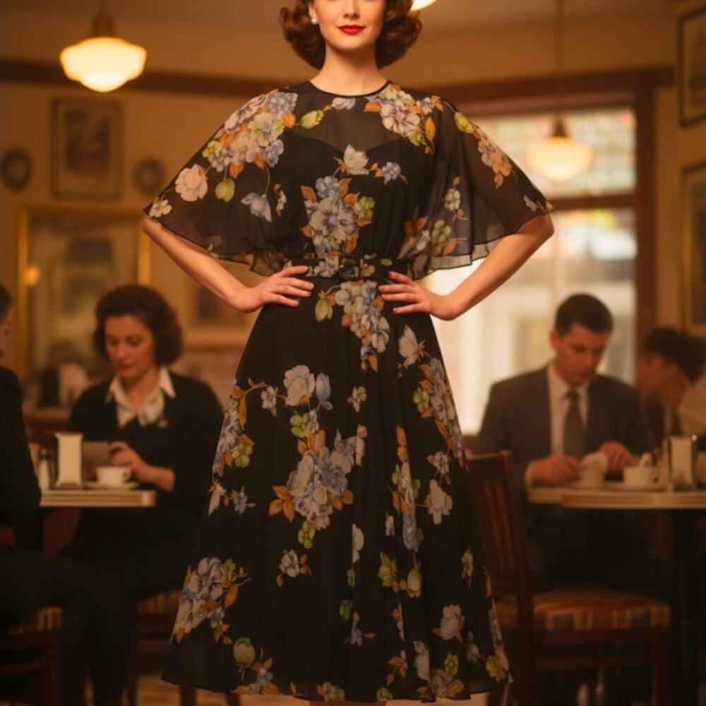Vintage Lilli Diamond 50"s 60's Chiffon Blossom Kimono Cape Bat Wing  Dress